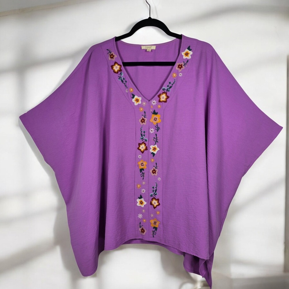 ODDI Poncho Caftan‎ Top Women S/M Orchid Purple Embroidered V-Neck Oversized